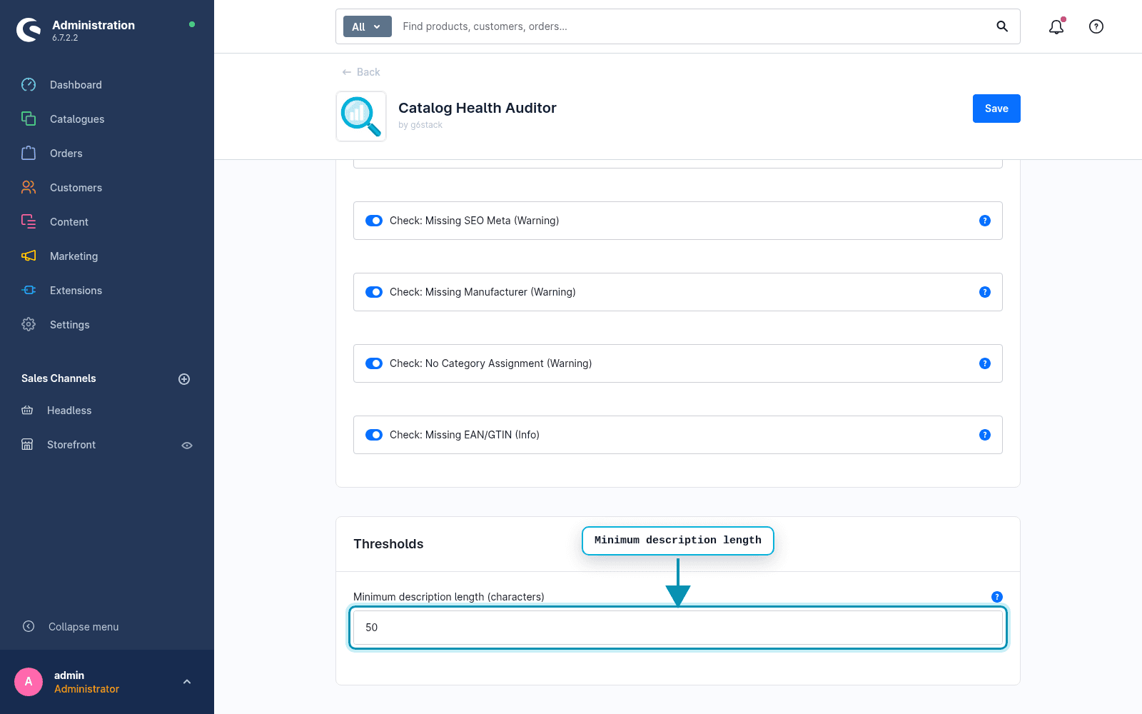 Configuration page with toggles for the individual checks, among them missing SEO meta, missing manufacturer, no category assignment and missing EAN, plus a field for the minimum description length.