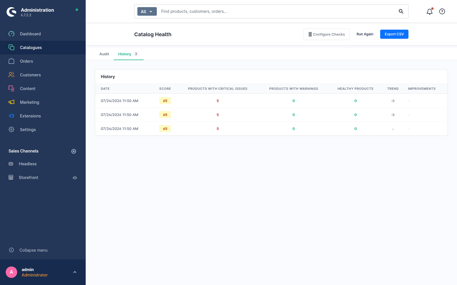 History view with a table of past audit runs: date, score, products with critical issues, warnings, healthy products, a trend arrow and improvements.