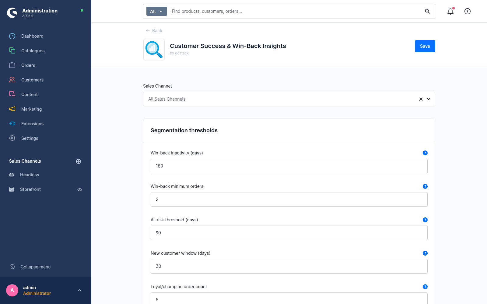 Konfigurationsseite des Moduls im Shopware-Admin mit den Einstellungen für die Analyse.