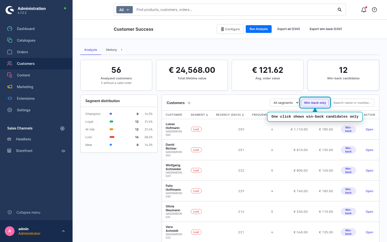 Kundentabelle mit aktivem Win-Back-Filter: nur Kunden, die als Win-Back-Kandidaten markiert sind, mit Segment, Tagen seit der letzten Bestellung und Lebenszeit-Wert.