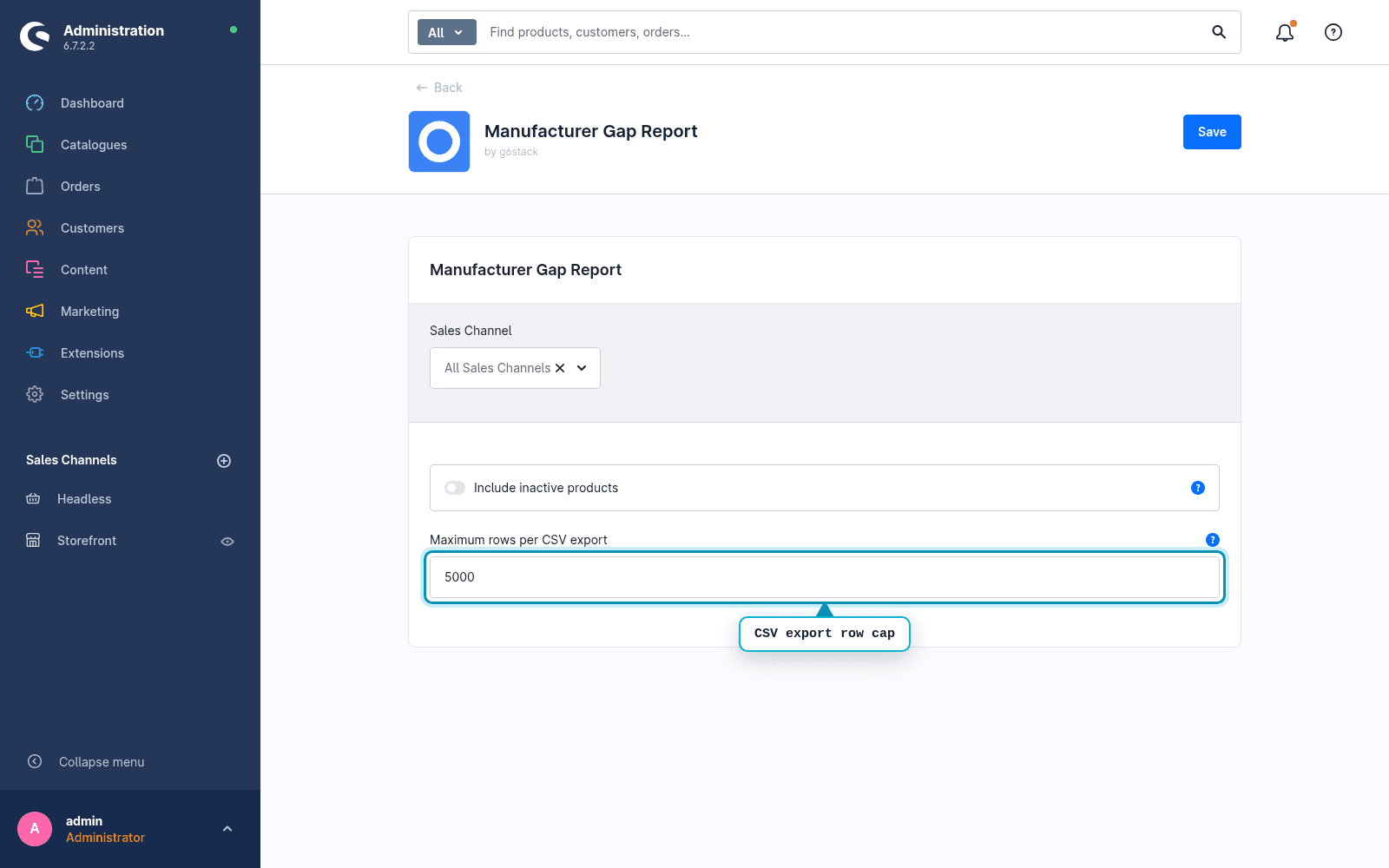 Konfigurationsseite des Hersteller-Lücken-Reports im Shopware-Admin.