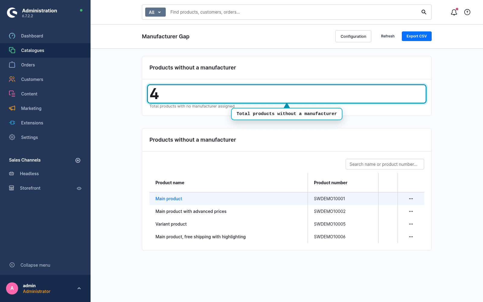 Hersteller-Lücken-Report im Shopware-Admin: eine große Zahl für die Produkte ohne zugewiesenen Hersteller, darunter die Liste der betroffenen Produkte mit Name und Produktnummer.