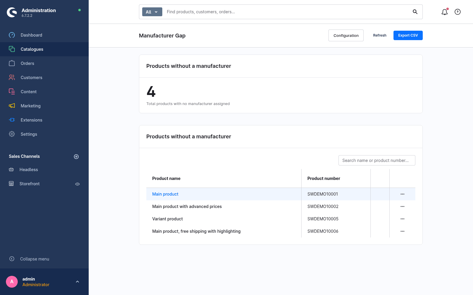 Übersicht des Hersteller-Lücken-Reports im Shopware-Admin mit der durchsuchbaren Liste der Produkte ohne Hersteller.